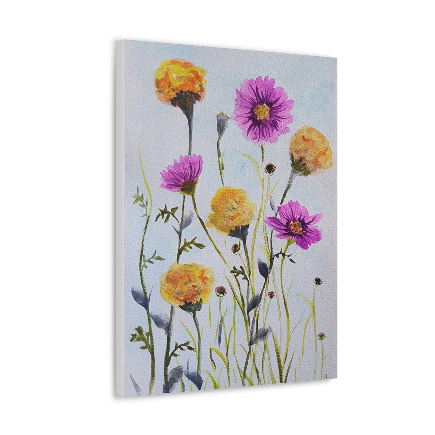 Marigold and Cosmos, October birth month flowers, on gallery canvas