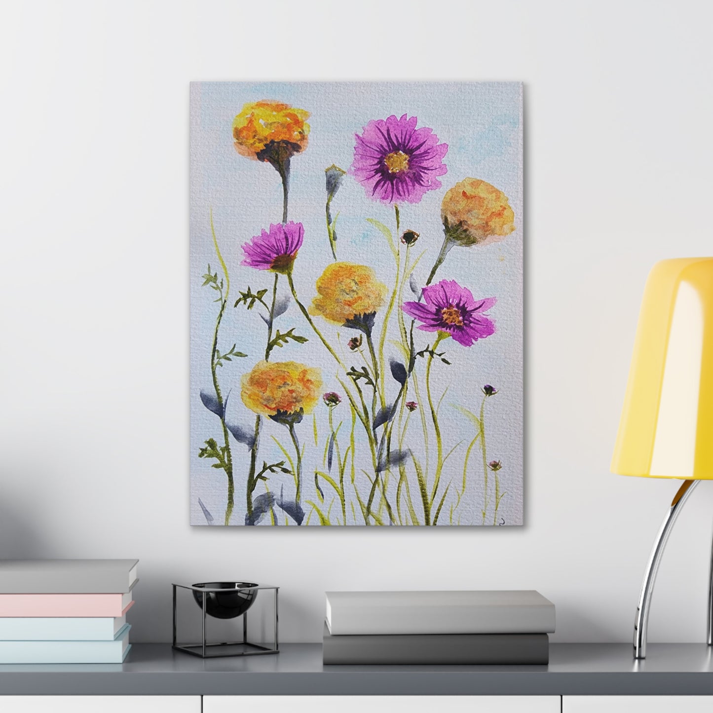 Marigold and Cosmos, October birth month flowers, on gallery canvas