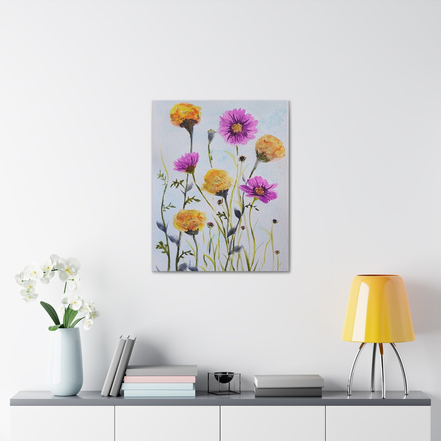 Marigold and Cosmos, October birth month flowers, on gallery canvas