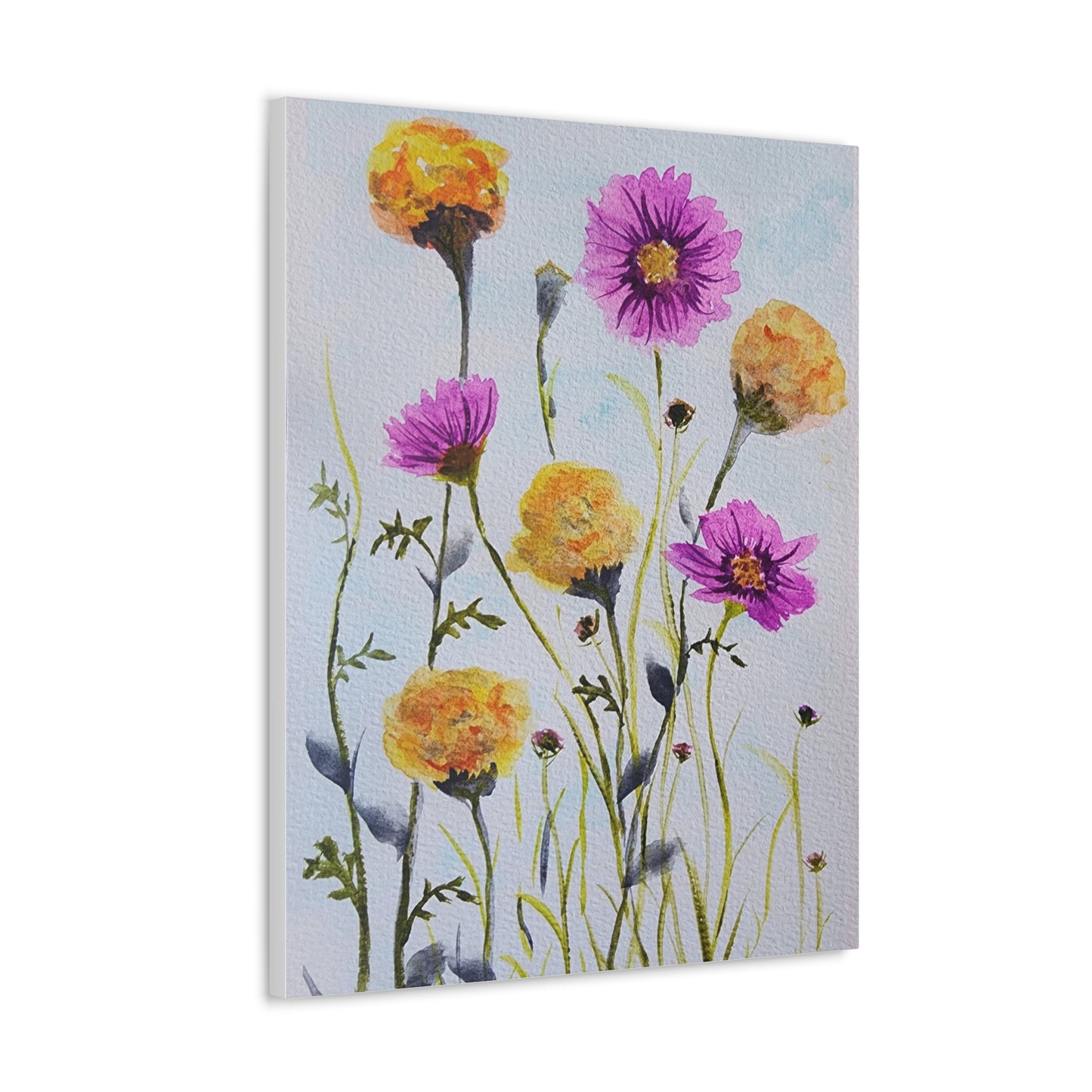 Marigold and Cosmos, October birth month flowers, on gallery canvas