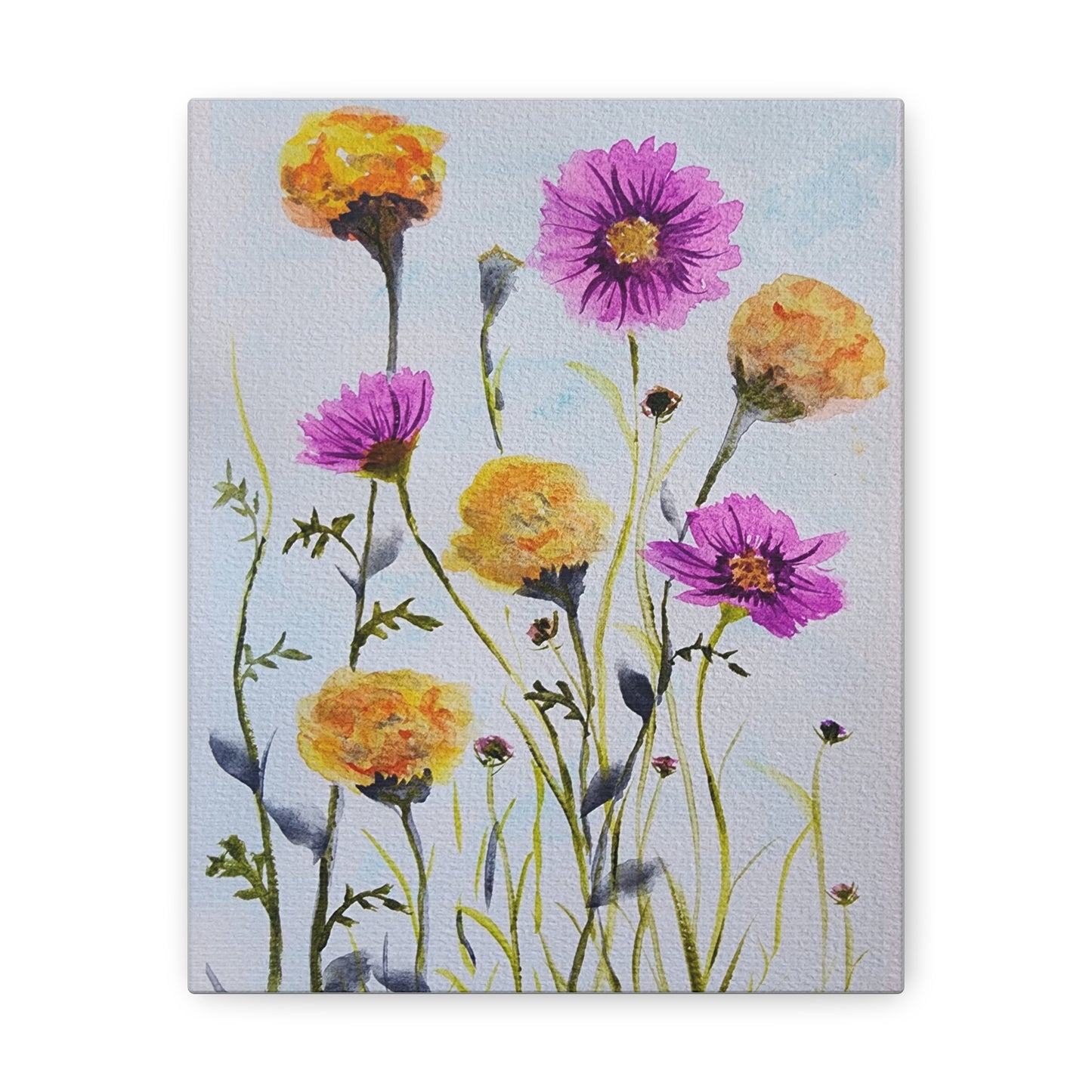 Marigold and Cosmos, October birth month flowers, on gallery canvas