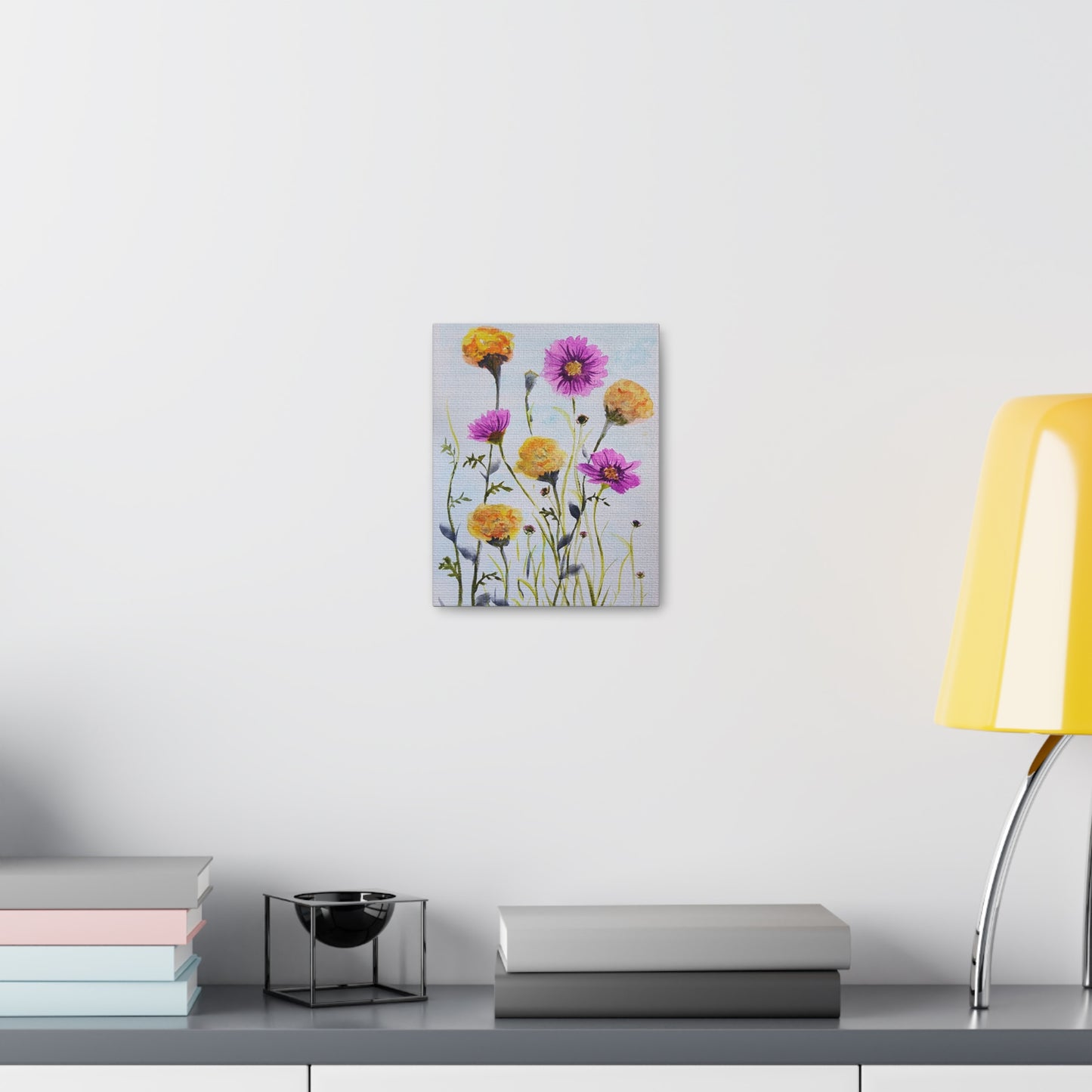 Marigold and Cosmos, October birth month flowers, on gallery canvas