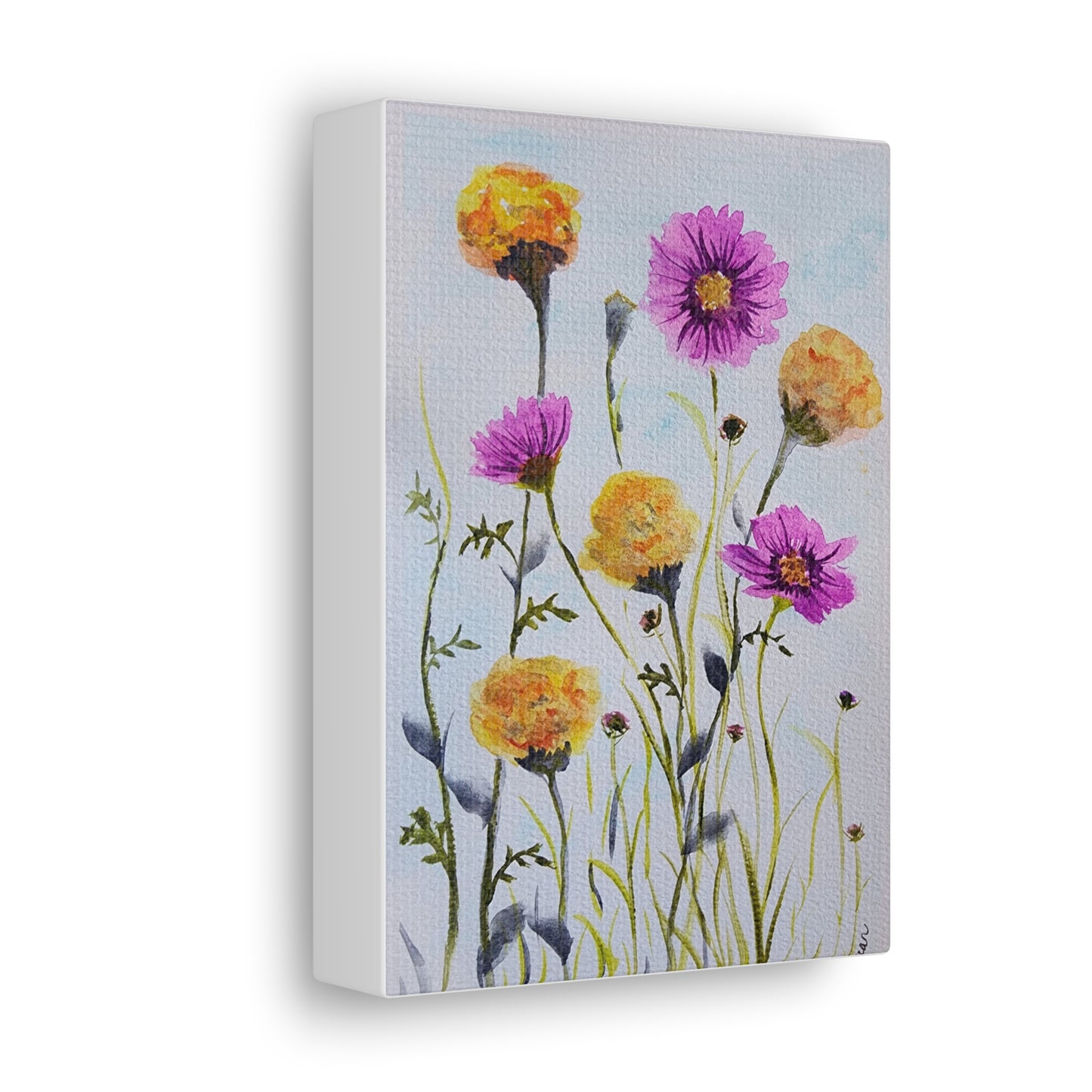 Marigold and Cosmos, October birth month flowers, on gallery canvas