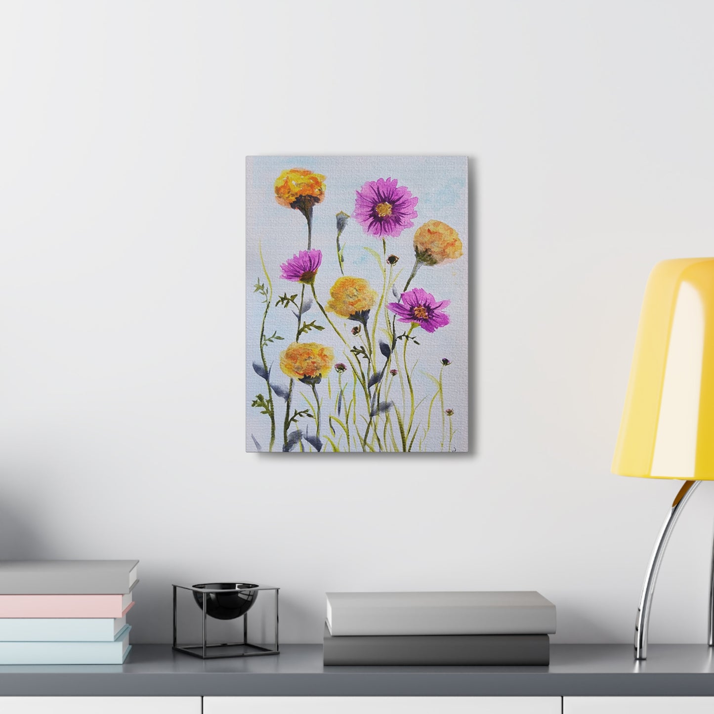 Marigold and Cosmos, October birth month flowers, on gallery canvas