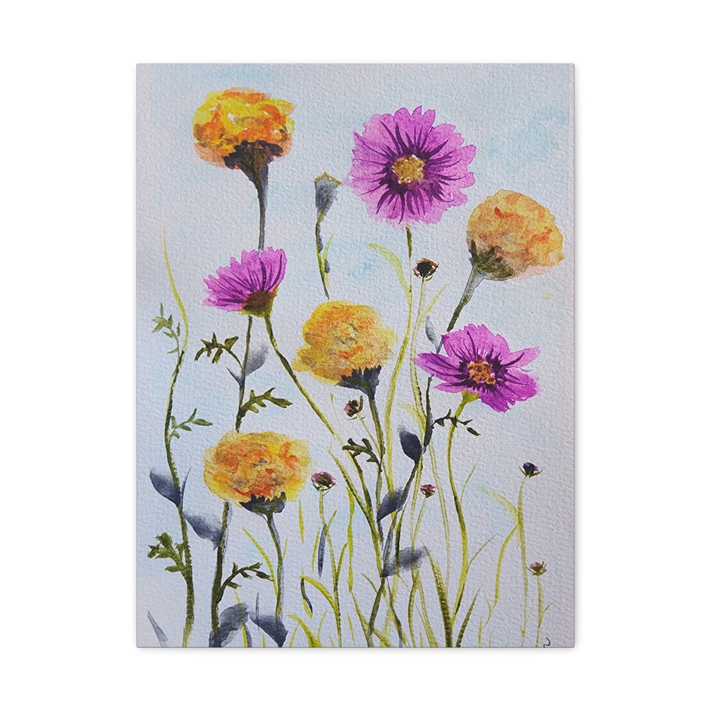 Marigold and Cosmos, October birth month flowers, on gallery canvas